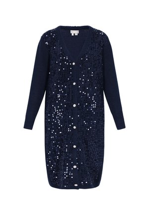Langer, marineblauer Cardigan mit langen Ärmeln, V-Ausschnitt, vorderen Knöpfen und glitzernden Paillettenverzierungen über die gesamte Fläche.
