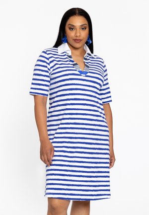 Gestreiftes Kurzarmkleid mit blauen und weißen horizontalen Streifen, einem V-Ausschnitt mit kontrastierendem Kragen und einer lockeren Passform.
