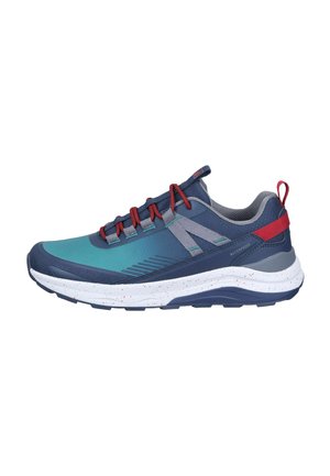 Blauer und türkisfarbener wasserdichter Sportschuh mit roten Schnürsenkeln und Fersenschlaufe, weiß gesprenkelter Mittelsohle und strukturiertem dunkelblauem Außensohle.