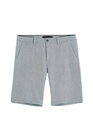 Jasnoszare męskie casualowe szorty z przednimi kieszeniami, szlufkami na pasek, zapięciem na guzik i zamkiem błyskawicznym.