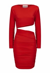 Rotes Langarmkleid mit einer taillierten Silhouette. Es hat eine geraffte Textur und einen asymmetrischen Ausschnitt an der Taille, gefertigt aus dehnbarem Material.