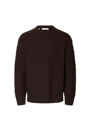 Mørkebrun sweater med et diamantstrikket mønster, ribbede rundhals og ribbede ender og manchetter. Lavet af tekstureret strikstof.