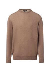 Brauner, strukturierten Pullover mit Rundhalsausschnitt und langen Ärmeln, der ein durchgehendes Rautenmuster sowie gerippte Bündchen und Saum aufweist.