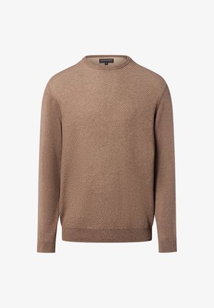Brązowy sweter o teksturowanej fakturze z okrągłym dekoltem i długimi rękawami, zdobiony wzorem w romby oraz ribbowymi mankietami i dołem.