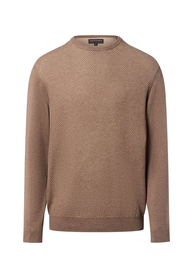 Brauner, strukturierten Pullover mit Rundhalsausschnitt und langen Ärmeln, der ein durchgehendes Rautenmuster sowie gerippte Bündchen und Saum aufweist.