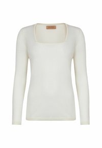 Långärmad topp gjord av mjukt vitt tyg, med en bred fyrkantig halsringning och figurnära design, samt en subtil nederkant.