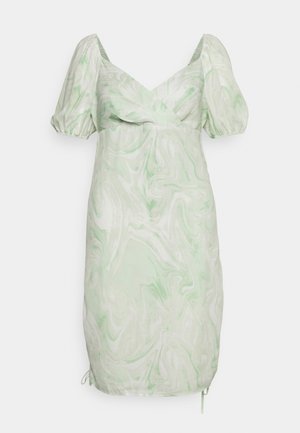 Vestido de padrão em mármore verde com mangas bufantes, decote em V e drawstring elástico na bainha. Feito de tecido leve.