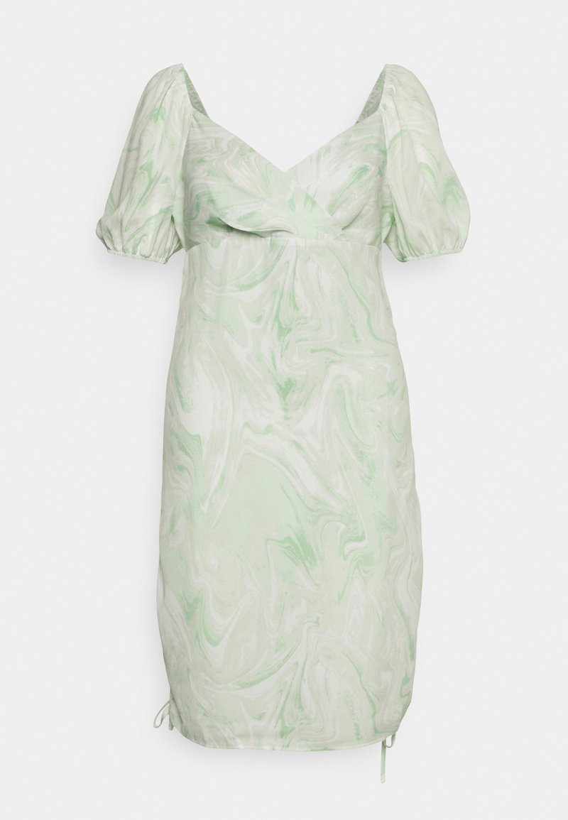 Vestido de padrão em mármore verde com mangas bufantes, decote em V e drawstring elástico na bainha. Feito de tecido leve.