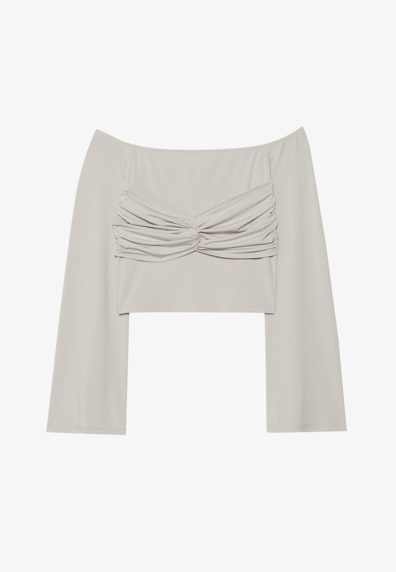 Off-the-shoulder top in light gray, featuring a ruched front detail, long sleeves, and made from a smooth, stretchable fabric.