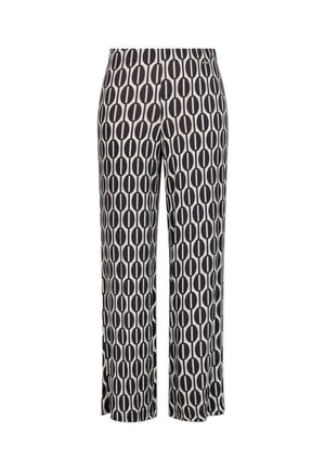 Pantaloni a gamba larga neri e crema con motivo ovale, texture liscia e una vita elastica per comfort e flessibilità.