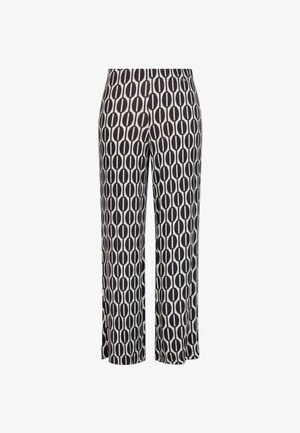 Pantaloni a gamba larga neri e crema con motivo ovale, texture liscia e una vita elastica per comfort e flessibilità.