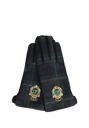 Par de guantes de cuadros en verde oscuro y azul marino con parches decorativos bordados en oro y verde en el área de la muñeca.