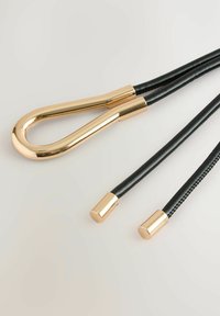 Corde in pelle nera con accenti in metallo dorato. Una corda presenta un manico curvo dorato; le altre hanno punte cilindriche dorate.