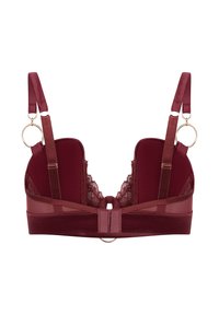 Burgunderroter BH mit Spitzenbesatz, ausgestattet mit einem Verschluss auf der Rückseite, verstellbaren Satinträgern und goldfarbenen Akzenten. Glatter Stoff mit weicher Textur.