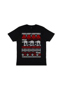 Czarny bawełniany t-shirt z wyszukanym nadrukiem w czerwone, białe i szare wzory, w tym czaszki, gwiazdy i symbole w powtarzającym się motywie.