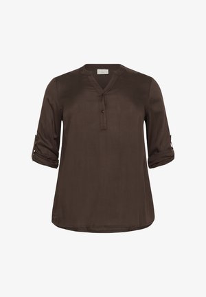 Brown button-up shirt with a V-neck, long sleeves rolled with button tabs, soft fabric, and a curved hem. Label reads "Kaffe."
