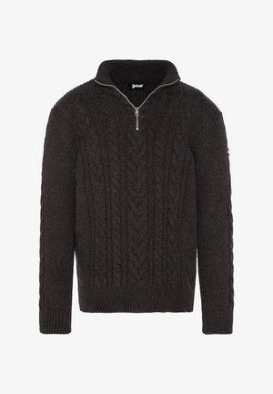 Maglione grigio scuro a maglia con zip a metà colletto. Presenta polsini e orlo a coste. Realizzato in un mix di lana testurizzata.