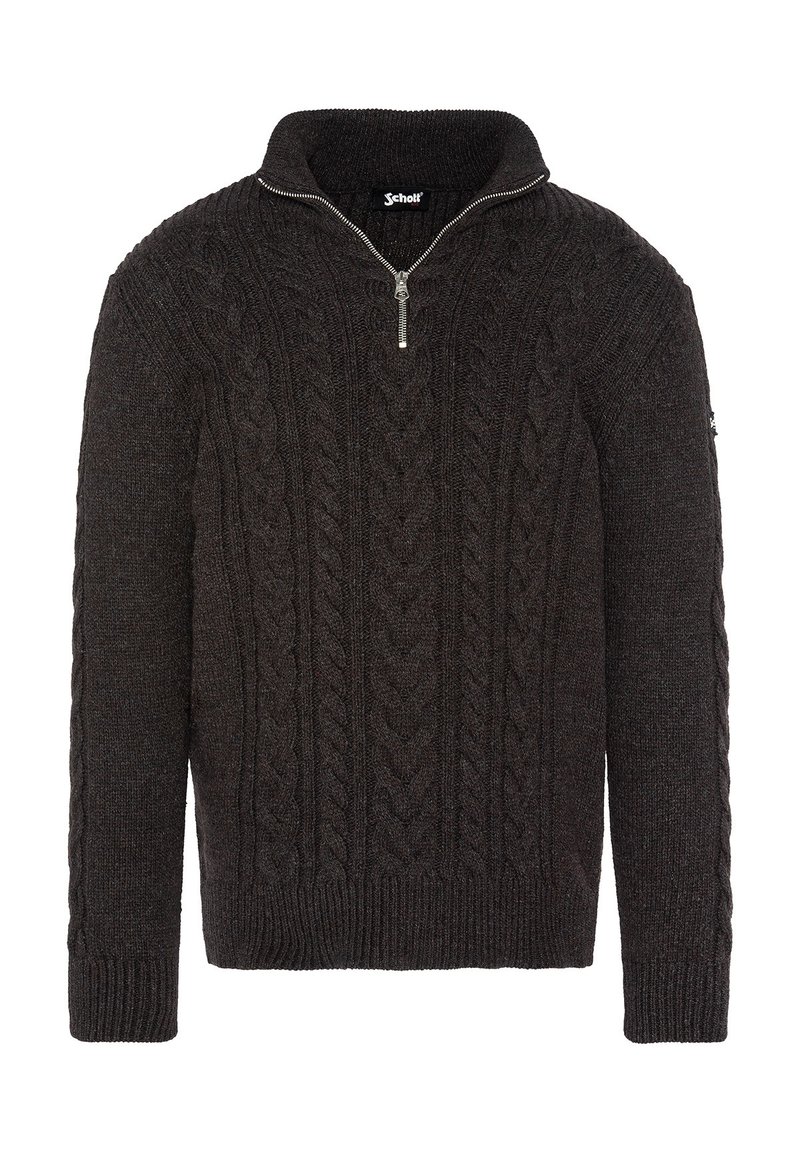 Ciemnoszary sweter typu cable-knit z kołnierzem na pół-zamek. Posiada ściągacze na mankietach i u dołu. Wykonany z teksturowanej mieszanki wełny.