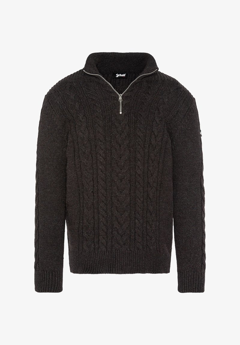 Ciemnoszary sweter typu cable-knit z kołnierzem na pół-zamek. Posiada ściągacze na mankietach i u dołu. Wykonany z teksturowanej mieszanki wełny.