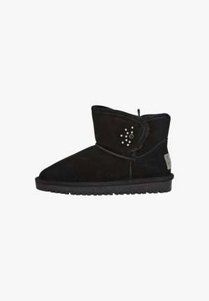 Black short suede boots featuring a rounded toe, flat rubber sole, decorative studs on the side, and a faux fur lining along the opening.