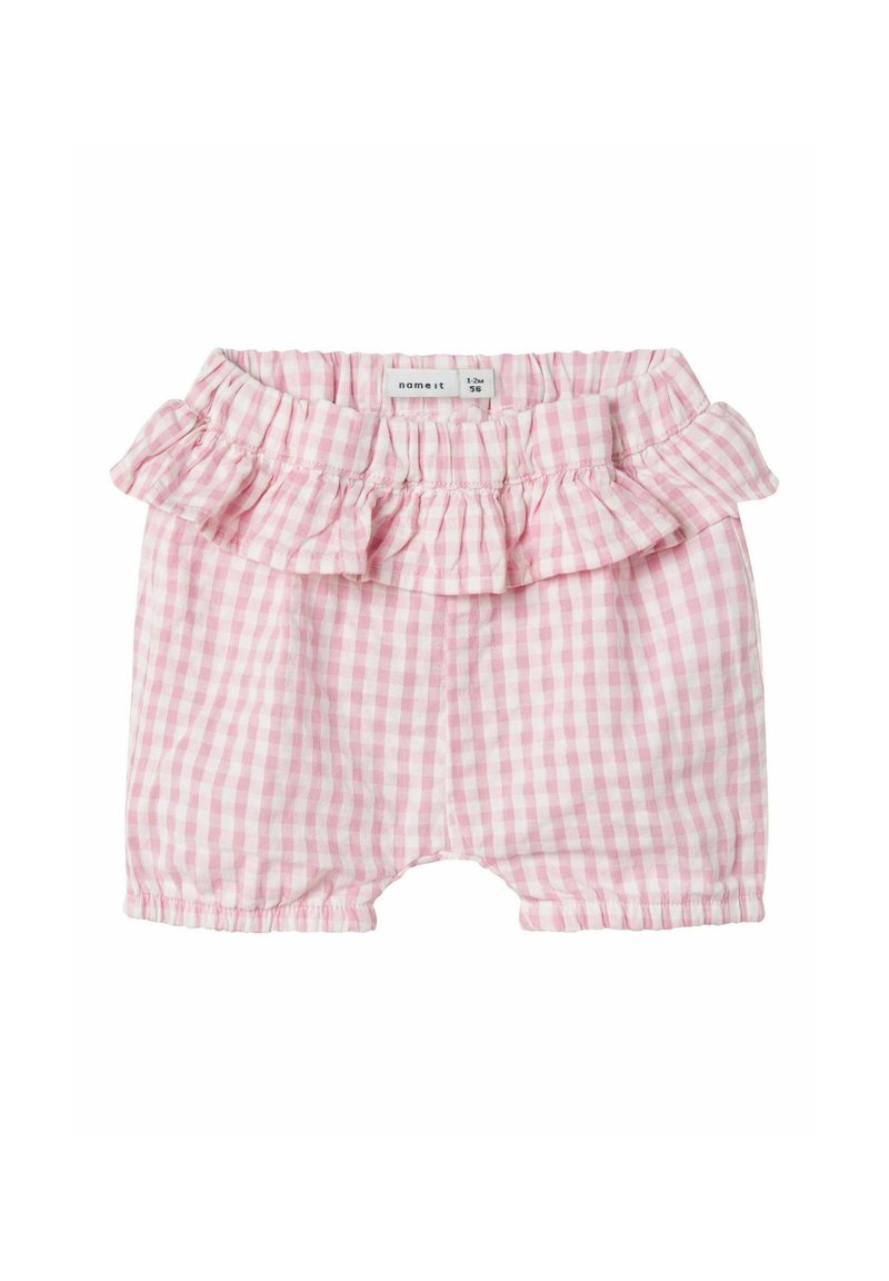 Pantaloni corti rosa a quadri con una vita arricciata. Realizzati in tessuto leggero, presentano una vita elasticizzata e aperture per le gambe gatherate.
