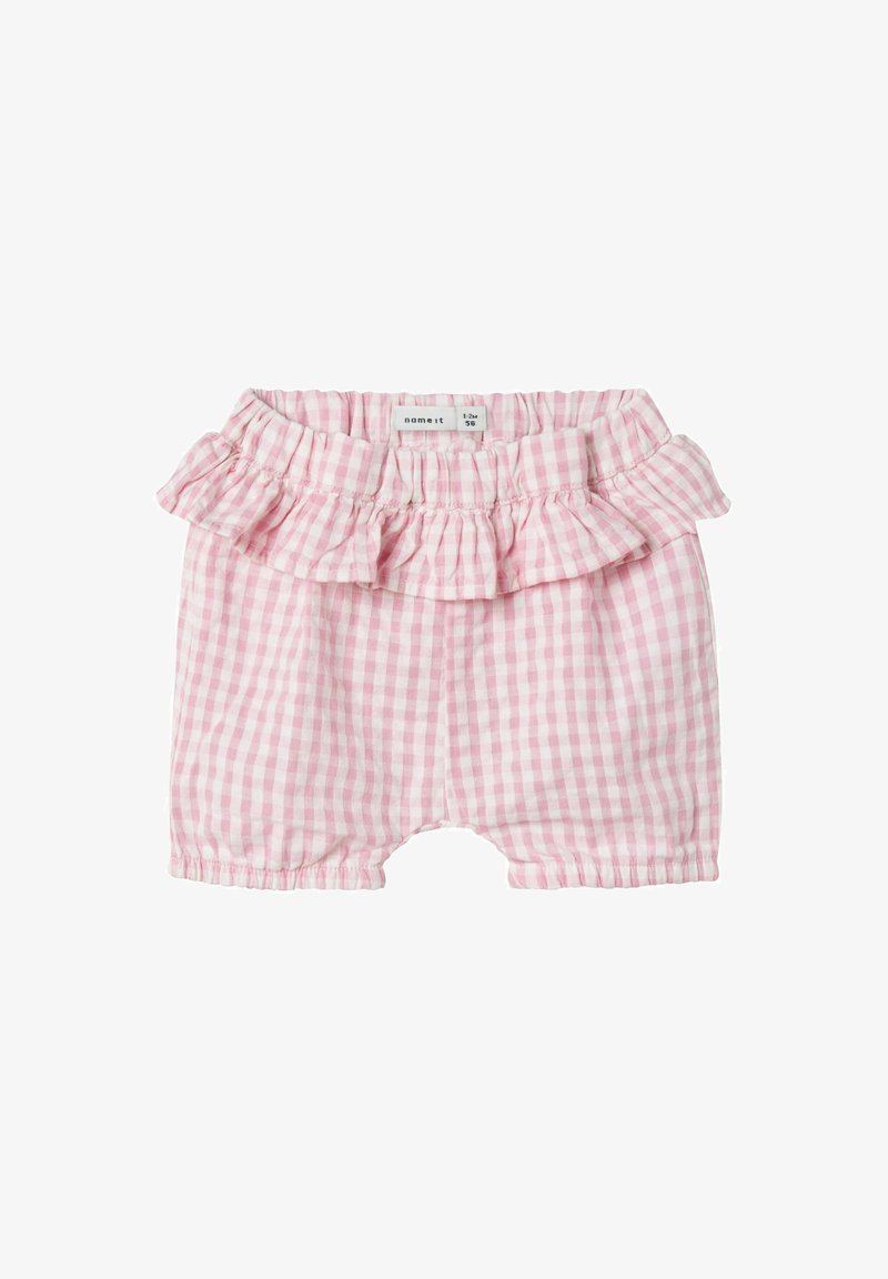 Lyserøde gingham-shorts med en rynket talje. Fremstillet af let væv, med elastisk talje og samlet benåbninger.