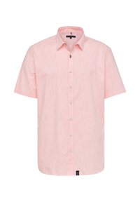 Kurzarmhemd in zartem Rosa mit strukturiertem Muster, Kragen und vorderem Knopfverschluss; mit Markenlabel am unteren Saum.