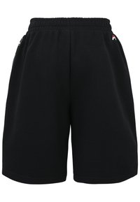 Mustat puuvillashortsit, joissa on joustava vyötärö, sivutaskut ja pieni logo vasemmalla puolella. Sileä rakenne ja rento istuvuus.