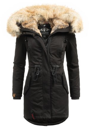 Sort, lang parka-jakke med en hætte foret med faux pels, flere lommer, snoreliv og en lynlåslukning. Robust, tekstureret stof.