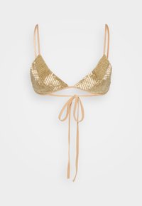 Gouden mesh bikini-top met driehoekige cups, dunne beige bandjes en verstelbare strikken op de rug. Geëmailleerde oppervlakte met schitterend patroon.