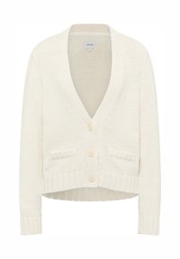 Krämfärgad stickad cardigan med V-hals, tre knappar och två framfickor. Har ribbade ärmslut och nederkant, samt strukturerad tyg.