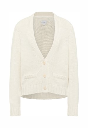 Kremowy sweter wykonany na drutach z dekoltem w kształcie V, trzema guzikami i dwiema przednimi kieszeniami. Posiada ściągacze na mankietach i u dołu, a także fakturowaną tkaninę.