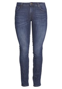 Vaqueros ajustados de mezclilla azul oscuro. Cuenta con cinco bolsillos, cremallera en la bragueta y un ligero desgaste. Detalles cosidos a lo largo de las costuras y los dobladillos.