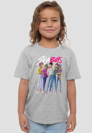 Graues Baumwoll-T-Shirt mit einem bunten Motiv von sechs Cartoon-Figuren. Auffällig sind die lebendigen Designs und die Schriftzüge "SDA BOYS" in Pink.