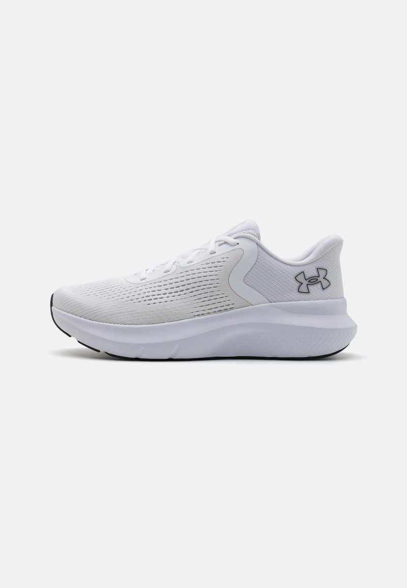 White athletic shoe made of mesh and synthetic materials, featuring a textured upper, cushioned sole, and black logo on the side.