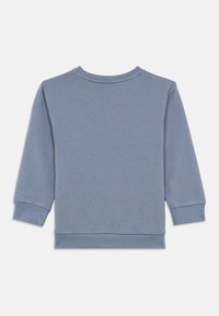 Μακρυμάνικη μπλούζα σε ανοιχτό μπλε βαμβάκι. Μαλακή υφή, στρογγυλή λαιμόκοψη και ριμπ μανίκια και τελειώματα με απλό σχέδιο.