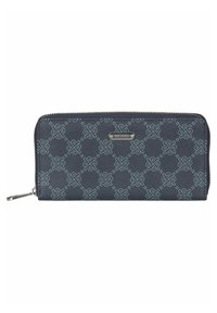 Zippered wallet in dark blue textured material featuring a geometric pattern in light blue, with a silver-tone logo plaque on the front.