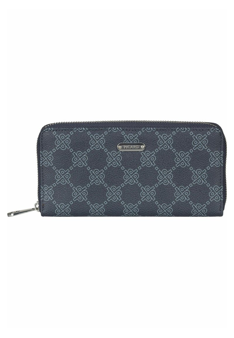 Zippered wallet in dark blue textured material featuring a geometric pattern in light blue, with a silver-tone logo plaque on the front.
