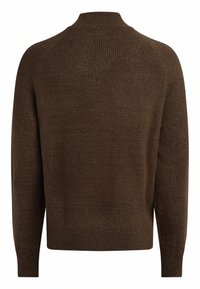 Brown knitted sweater with a crew neck and ribbed texture. Features long sleeves and a fitted design. Simple, solid color without additional patterns.