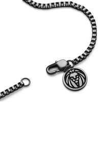 Svart metallkjede med en rund pendent med løve-design. Inkluderer en lås og lenkedetaljer langs kjeden.