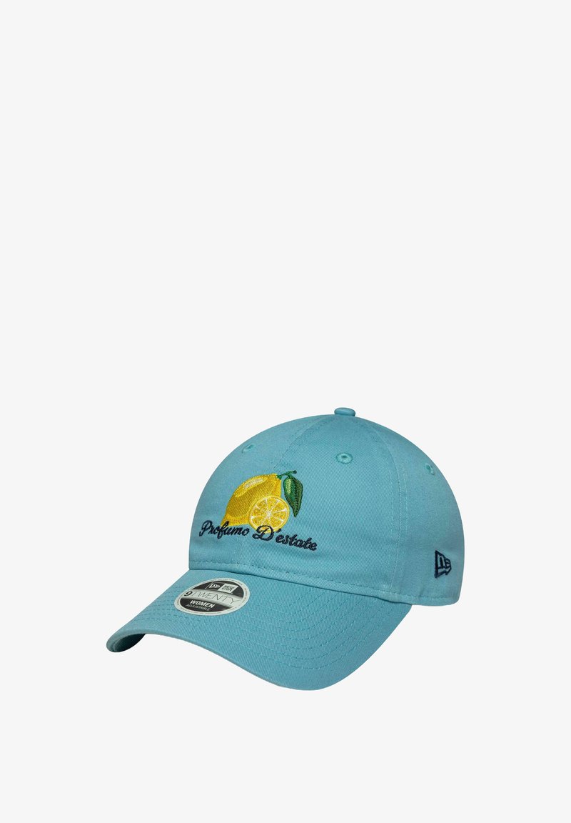 Light blue baseball cap with lemon embroidery and "Profumo D'estate" text on front, curved brim, and adjustable New Era tag.