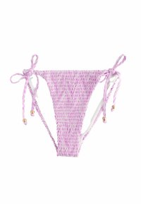 Bikini bottom lavorato a maglia nei colori viola e bianco con chiusure a laccio, caratterizzato da accenti di perline dorate sulle cinghie e una vestibilità a vita media.