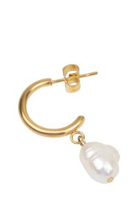 Gold hoop earring with a smooth, curved design; features a dangling white pearl for contrast and visual interest.