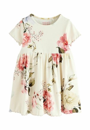 Robe pour tout-petit en maille côtelée couleur crème, manches courtes, imprimé floral rose, vert et beige sur toute la surface.