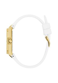 Gold-tone watch with a square case, white silicone strap, round crown, and a clasp closure. Designed with minimal accents and smooth texture.