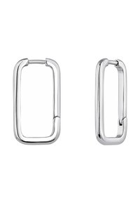 Pendientes de aro rectangulares de metal de color plateado con superficies lisas, que presentan un diseño sencillo y moderno, además de un mecanismo de cierre seguro.
