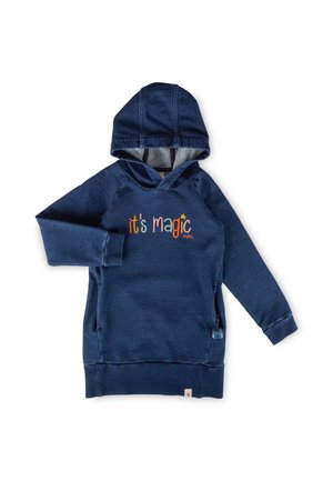 Marineblauer Kinder-Hoodie mit Fronttasche, Kapuze und buntem "it's magic" Schriftzug auf der Brust.