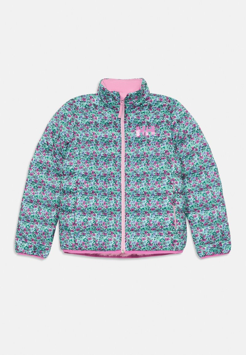 Casaco acolchoado com padrão floral em verde, rosa e branco, apresentando um interior rosa, gola alta e fecho frontal com zíper.