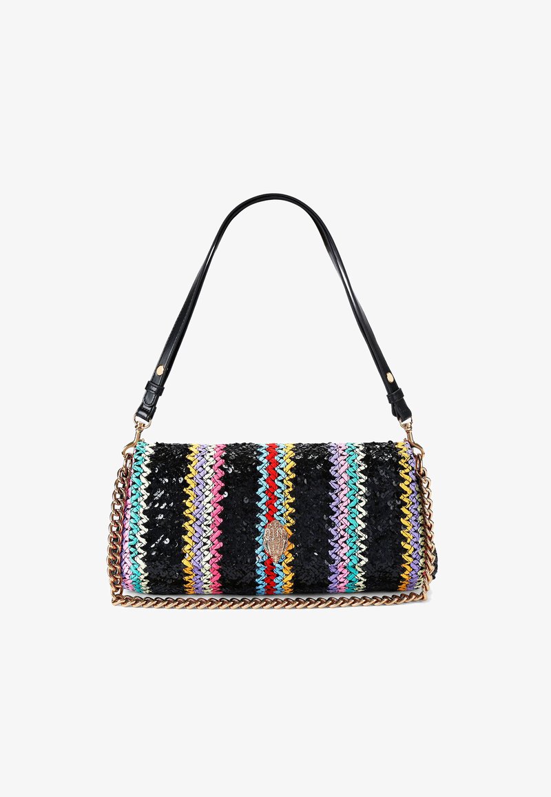 Wielokolorowa pleciona torba na ramię z czarnymi, różowymi, niebieskimi, żółtymi i czerwonymi paskami, z metalicznym łańcuszkiem i regulowanym skórzanym paskiem.