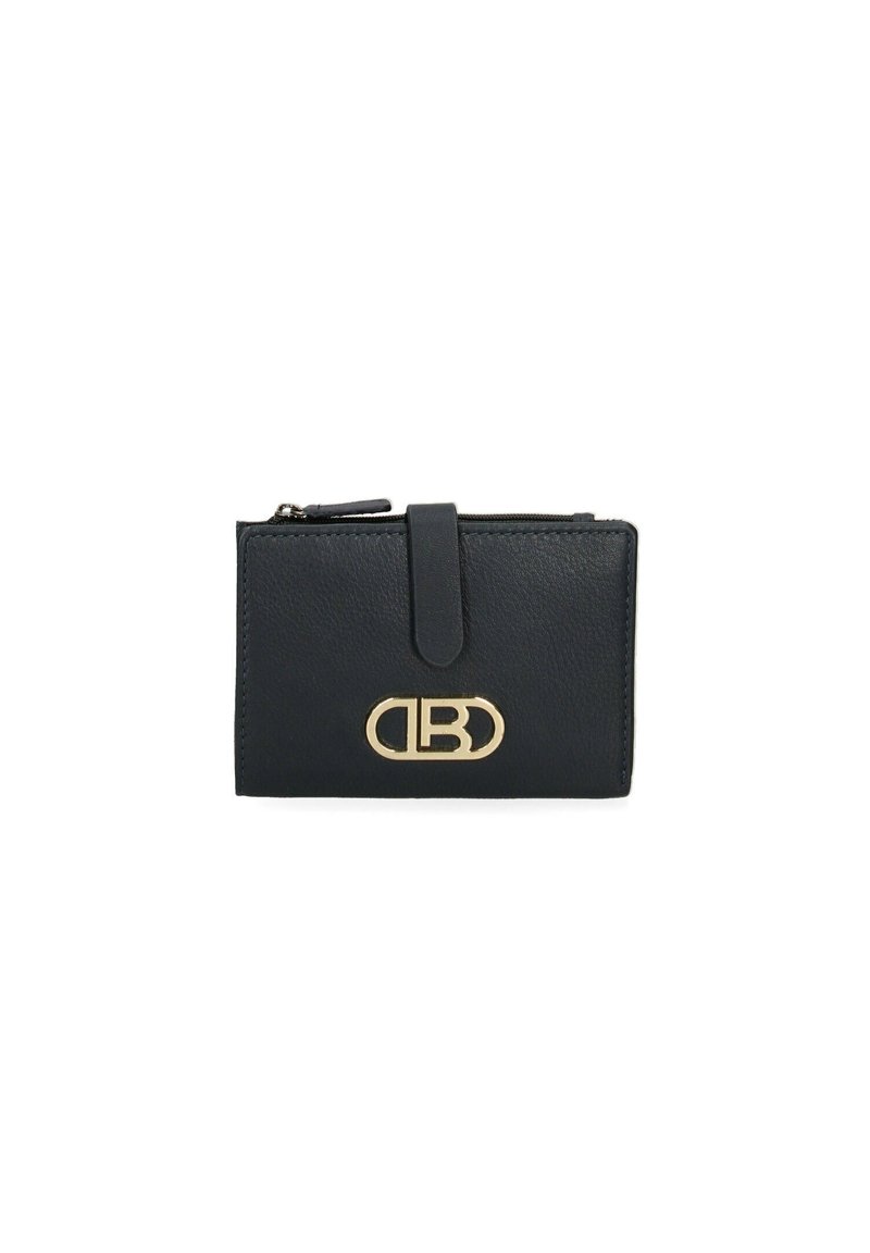 Black leather wallet with a smooth texture, featuring a gold logo on the front, a button closure, and a zippered compartment.